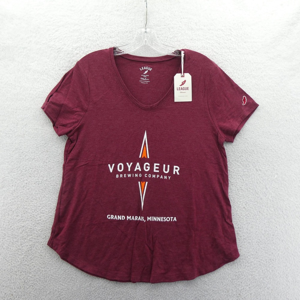 League Shirt Women Medium Voyageur Brewing Company Grand Marais MN Maroon V-Neck
